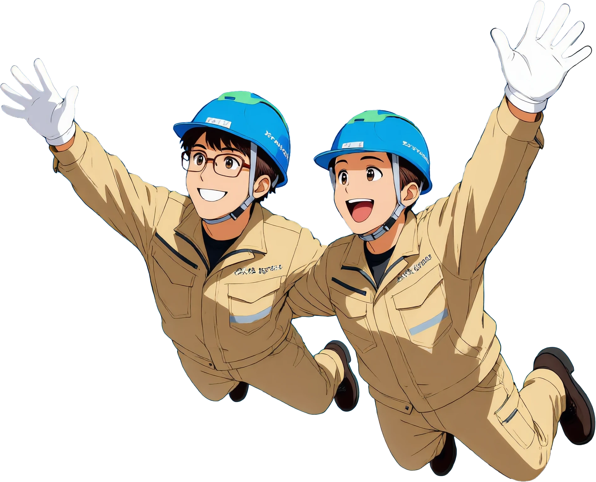 元気に手を上げる作業服姿の社員たち